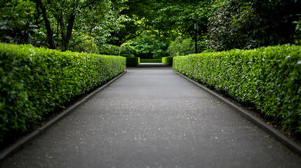 Obraz premium Symmetrical Pathway Through Lush Green Hedges And Trees With Wet Asphalt Surface And Subtle Light