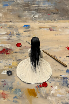 Artist's table figurine, contemplative mood, back view, colorful paint palette, copy space