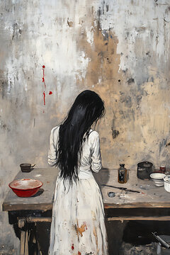 Girl in workshop, contemplative mood, back view, messy table scene, textured background, copy space