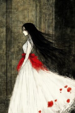 Ghost illustration for horror book, eerie mood, side view, flowing dress with red accents, textured background, copy space