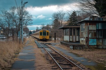 Obraz premium Dilapidated Train Station Platform with Yellow Passenger Train in Rural Setting Under Cloudy Sky