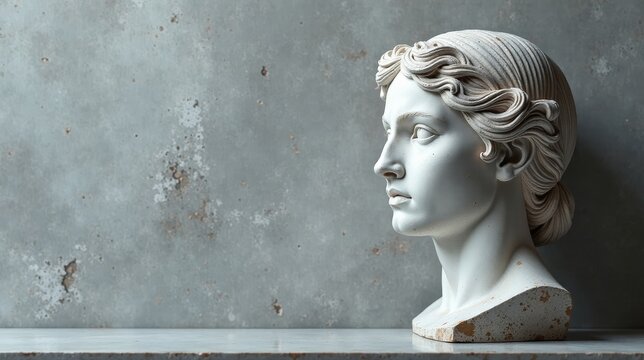 Classical Bust of a Woman in Profile, Gracefully Displayed on a Marble Surface Against a Textured Background