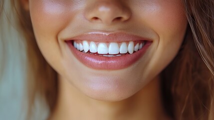 Fototapeta premium Close-up of a smiling woman highlighting white teeth, pink lips, beauty, health, cosmetic enhancement art, captivating.