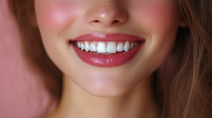 Fototapeta premium Close-up of a smiling woman highlighting white teeth, pink lips, beauty, health, cosmetic enhancement art, captivating.
