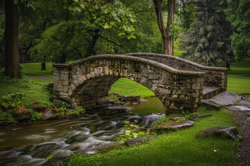 Rustic wooden bridge over a gentle stream surrounded by lush greenery in a peaceful park setting during spring
