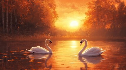 Golden hour light bathes a calm lake where two swans remain still during the misty morning of sunrise