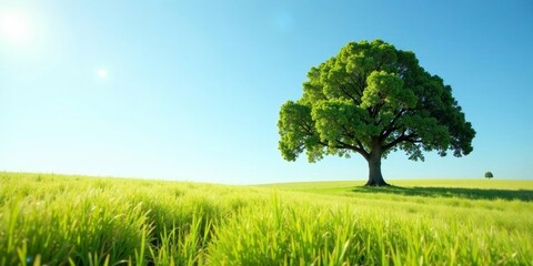 Obraz premium Serene landscape featuring a majestic tree standing tall amidst a vibrant green field under a clear, sunny sky