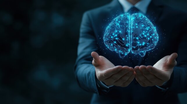 Businessman holding glowing circuit brain hologram on dark office background. AI and business communication concept.