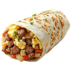 A Breakfast Burrito Stuffed with Scrambled Eggs Sausage Isolated on Transparent Background