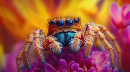 Macro photography of a colorful jumping spider on a vibrant background, nature details. Wildlife and insect portrait concept