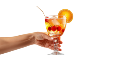 Woman hand holding a glass of refreshing cocktail with cherries and orange slice on transparent background