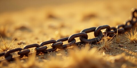 A Rusty Chain Lies Partially Buried in the Sand, Basking in the Warm Glow of the Setting Sun, a Symbol of Resilience and the Passage of Time