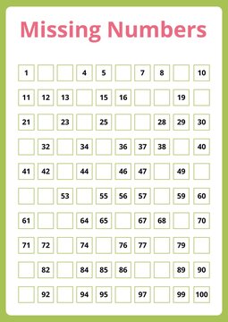 Engaging activity sheet designed for children to identify and fill in missing numbers one to one hundred. Each row contains missing squares to enhance math skills and number recognition.
