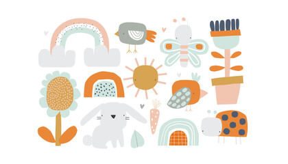 Vector set of spring elements: bunny, flowers, birds, ladybug, butterfly, sun, clouds, rainbow, carrot, hearts. Simple cartoon illustration for kids. Easter. Summer. Scandinavian style. © ZHUKO