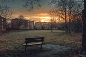 Lonely Park Bench at Sunset in Front of Buildings, Serene Landscape with Overcast Sky, Tranquil Scene