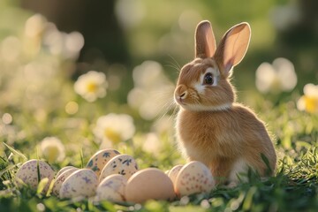 Easter Bunny with Decorated Eggs in Spring Meadow at Sunset
