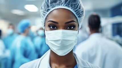 health, medicine and pandemic concept - close up of african american female doctor or scientist in protective mask over medical workers at hospital on background