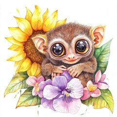 Fototapeta premium Cute small monkey surrounded by colorful flowers and a sunflower in a vibrant illustration of nature