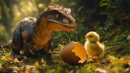 Baby Dinosaur Hatching Scene With Small Reptile Examining Egg Shell In Forest Environment, Prehistoric Wildlife, Jurassic Creature Discovery