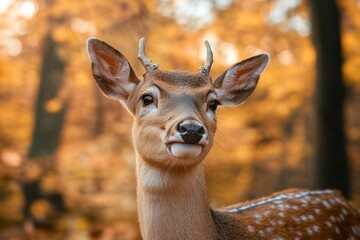 Young Fallow Deer Buck with Small Antlers in Autumn Forest - Portrait of Spotted Animal in Warm Fall Colors