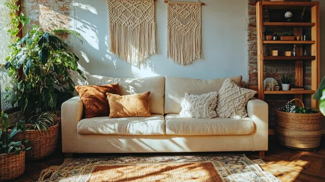 Sunlit cozy living room with bohemian decor and plush pillows