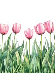 Watercolor pink tulips spring flowers in the grass background with empty space for text.