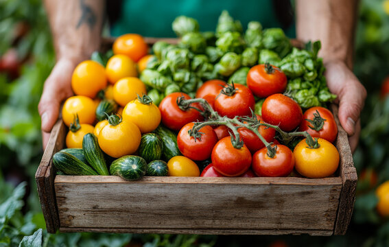 Garden-fresh veggies!. A person holds a wooden crate filled with colorful tomatoes, cucumbers, and leafy greens in a vibrant garden.