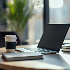 A laptop and coffee cup on a coworking office table