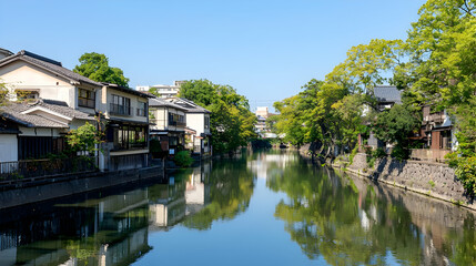 Fototapeta premium Picturesque Canal with Residential Buildings and Lush Green Trees Under a Clear Blue Sky in Daylight