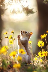Obraz premium Cute squirrel in Spring field in forest.