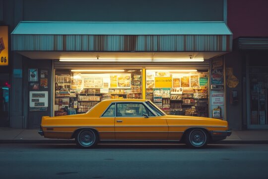 Classic Yellow Car Parked Near a Storefront Filled with Posters at Night