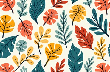 Fototapeta premium Simple seamless doodle pattern. Boho foliage botanical tropical leaves, floral theme. Modern design, textile, flower decor elements, nature concept. Wallpaper abstract background for printing.