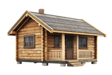 Charming wooden cottage nestled in a serene landscape during a sunny afternoon isolated on transparent background