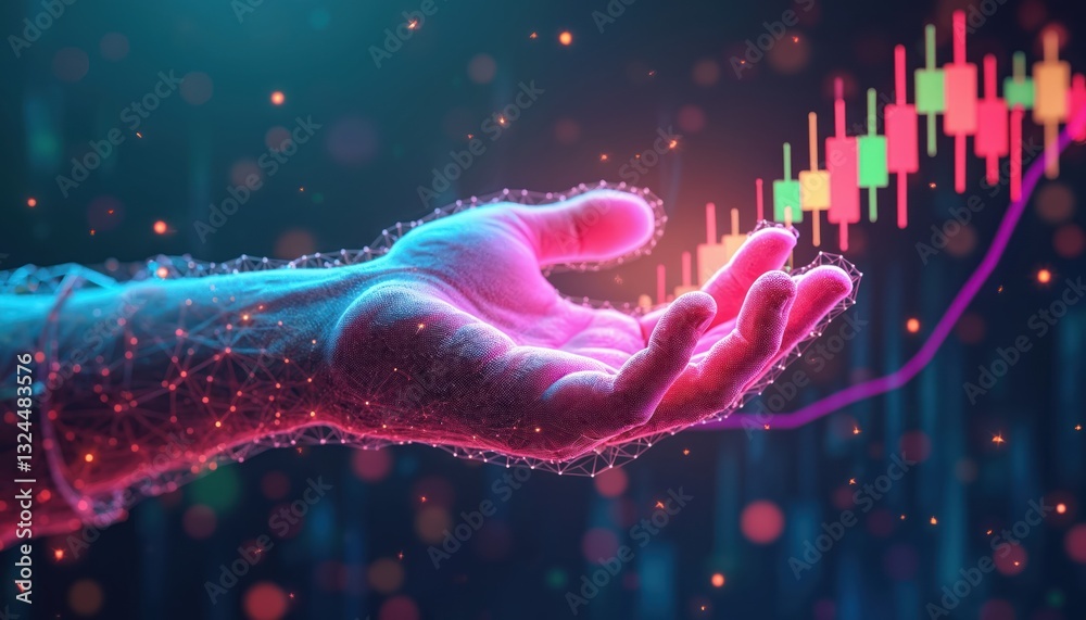 Poster abstract human hand grasping color candlestick on safeguarded tech graph background presented in low