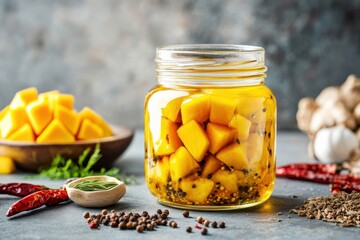 A jar of homemade mango pickle infused with mustard seeds, chili, and turmeric, placed on a rustic surface with fresh ingredients.