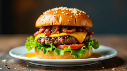 Scrumptious Sesame Seed Bun Burger with Caramelized Onions and Melted Cheese on a Rustic Table