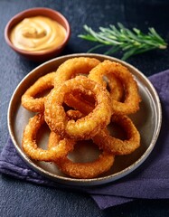 Golden Onion Rings with Dipping Sauce: A mouthwatering stack of crispy golden-brown onion rings sits invitingly on a plate, next to a small bowl of creamy dipping sauce, ready to be savored.