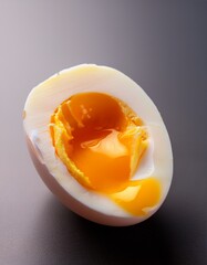 Delectable Egg: A close-up shot of a sliced boiled egg reveals the vibrant orange yolk and smooth textures of the egg. A simple, yet appetizing depiction of a classic food item.