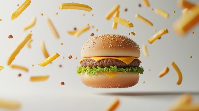 Floating Cheeseburger Surrounded by Flying French Fries in Space