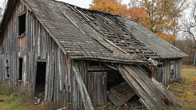 Abandoned wooden barn in autumn landscape with fallen roof and foliage