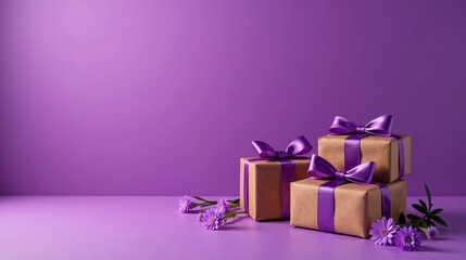 A trio of elegantly wrapped presents adorned with rich purple ribbons, nestled amongst delicate purple blossoms on a matching violet backdrop