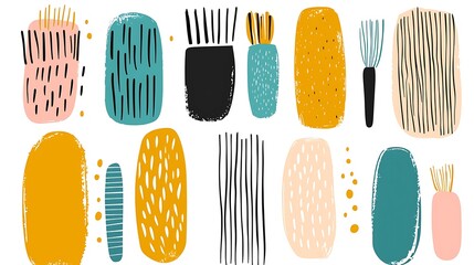 Abstract shapes, vibrant colors arranged on white, creating decorative patterns for design use