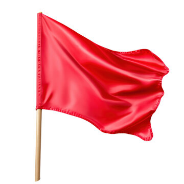 Vibrant red flag waving in the wind, representing warning signals or important notices in a clear sky background isolated on a white background.