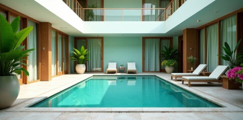 Fototapeta premium Tranquil Indoor Pool Oasis Serene Courtyard with Lush Greenery and Relaxing Loungers