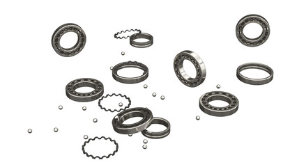 Ball bearings and their parts are randomly scattered on a horizontal surface.. 3D Render.
