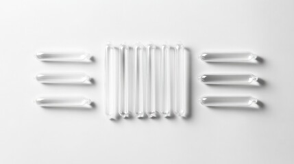 A minimalist arrangement of clear glass tubes against a white background.  The tubes are arranged in a visually appealing pattern, creating a clean and modern aesthetic.