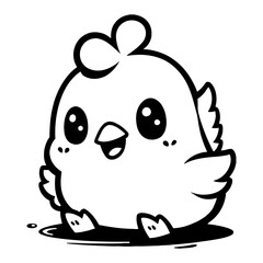 Adorable Kawaii Chicken Black and White Outline Line Art Drawing of Smiling Cute Chibi Character