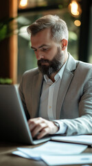 A manager reviewing supplier documents on a laptop