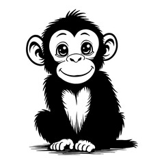Cute Chibi Kawaii Chimpanzee Sitting Cartoon Illustration Detailed Black and White Outline Line Art Drawing