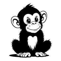 Cute Chibi Kawaii Chimpanzee Sitting Front View Detailed Black and White Outline Line Art Drawing